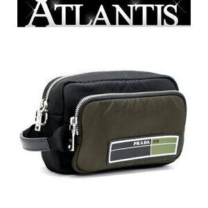 Prada Logo Clutch Bag Multi Pocket Nylon Black Military Green